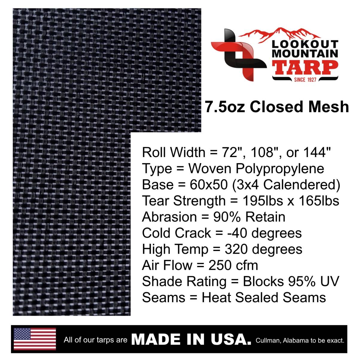 Custom UV Shade Cloth Tarp Cover - 7.5oz Closed Mesh 95% Solid 