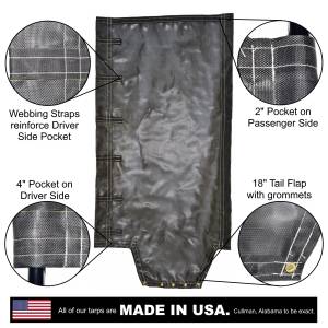 Lookout Mountain Tarp - Side Roll Tarp With Tail Flap for End Dump Trailer Bed - Black 7.5oz Seamless Closed Mesh